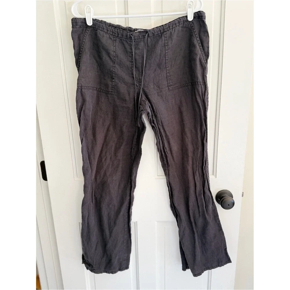 London Jean 100% Linen Drawstring Wide Leg Pants Black Medium Coastal Boho